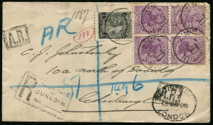 NEW SOUTH WALES - Postal History: 1898 (Jan.26) Wilcox Smith & Co (stamp dealer) registered cover to Edinburgh with 2d Sideface block of 4 plus ½d black tied by DUNEDIN '26JA98' datestamps, 'AR' marking and handstamps, on reverse fine 'BLUFF' transit and 