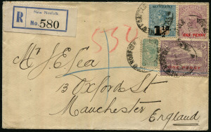 TASMANIA - Postal History: 1912 (Dec.30) registered cover to Manchester, England with mixed States franking comprising Tasmania 1d on 2d Pictorial & 1½d on 5d Tablet plus Victoria ½d Bantam & 1d on 2d all tied by NEW NORFOLK '30DEC1912' datestamps, 'REGIS