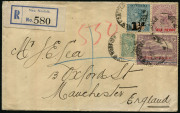 TASMANIA - Postal History: 1912 (Dec.30) registered cover to Manchester, England with mixed States franking comprising Tasmania 1d on 2d Pictorial & 1&frac12;d on 5d Tablet plus Victoria &frac12;d Bantam & 1d on 2d all tied by NEW NORFOLK '30DEC1912' datestamps, 'REGIS