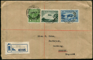 Australia: Postal History: 1932 (Apr. 4) registered cover to England with 3d Harbour Bridge, 3d Airmail & 1d KGV green tied by 'REGISTERED PERTH' datestamps, blue/white registration label, 'REGISTERED DORKING' arrival backstamps. Very fine condition.