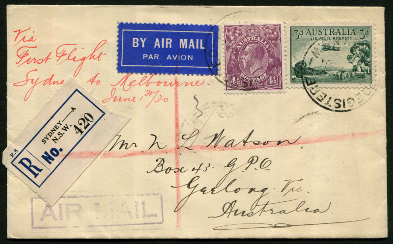 Australia: Aerophilately & Flight Covers: 1 June 1930 (AAMC.162) Sydney - Melbourne registered flight cover addressed to Geelong with 3d Air & KGV 4½d Violet tied by SYDNEY REGISTERED datestamp, boxed 'AIR MAIL' cachet applied in Sydney, on reverse Sydney