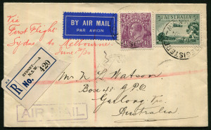 Australia: Aerophilately & Flight Covers: 1 June 1930 (AAMC.162) Sydney - Melbourne registered flight cover addressed to Geelong with 3d Air & KGV 4½d Violet tied by SYDNEY REGISTERED datestamp, boxed 'AIR MAIL' cachet applied in Sydney, on reverse Sydney & Melbourne transits and Geelong arrival datestamp, Cat. $100+.