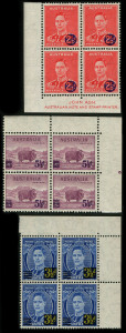 Australia: Other Pre-Decimals: Australia 1941 (SG.200-202) Surcharges set in corner blocks of 4, the 2½d value with Ash imprint, the 5½d value with perf pip (Cat $125 as a block of 8), 2½d with one unit mounted, all other stamps are MUH.