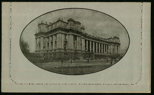 Australia: Postal Stationery - Letter Cards:1914-18 (BW:LC18/97) 1d KGV Sideface Design P12½ Die 1 in sepia on Grey Surfaced Card with Off-White/Cream Interior, "Parliament House, Melbourne" illustration, card sealed, fine unused, Cat $150.