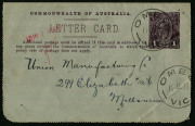 Australia: Postal Stationery - Letter Cards:1914-18 (BW:LC18/96) 1d KGV Sideface Design P12&frac12; Die 1 in purple-brown on Grey Surfaced Card with Off-White/Cream Interior, "Pall Mall, Bendigo" illustration, postally used to Melbourne with fine 'OMEO/11JE18' d - 2