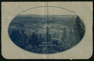 Australia: Postal Stationery - Letter Cards:1914-18 (BW:LC18/101) 1d KGV Sideface Design P12½ Die 1 in deep blue on Grey Surfaced Card with Off-White/Cream Interior, "Piccadilly, South Australia" illustration, central fold & couple pinholes, postally used within Melbourne, Cat $60.