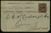 Australia: Postal Stationery - Letter Cards:1914-18 (BW:LC18/105) 1d KGV Sideface Design P12&frac12; Die 1 in brown on Grey Surfaced Card with Off-White/Cream Interior, "Post Office Sydney NSW" illustration (only recorded for Perf 10 printing in Brusden White), - 2