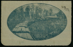 Australia: Postal Stationery - Letter Cards:1914-18 (BW:LC18/109) 1d KGV Sideface Design P12½ Die 1 in deep blue-green on Grey Surfaced Card with Off-White/Cream Interior, "Railway Sleepers Queensland" illustration, single punch hole & 15mm scissor cut at lower-left, postally used from Perth to Marvel Loch (WA), Cat $60.