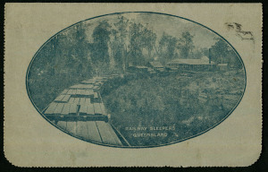 Australia: Postal Stationery - Letter Cards:1914-18 (BW:LC18/109) 1d KGV Sideface Design P12½ Die 1 in deep blue-green on Grey Surfaced Card with Off-White/Cream Interior, "Railway Sleepers Queensland" illustration, single punch hole & 15mm scissor cut at