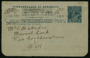 Australia: Postal Stationery - Letter Cards:1914-18 (BW:LC18/109) 1d KGV Sideface Design P12&frac12; Die 1 in deep blue-green on Grey Surfaced Card with Off-White/Cream Interior, "Railway Sleepers Queensland" illustration, single punch hole & 15mm scissor cut at - 2