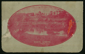 Australia: Postal Stationery - Letter Cards:1914-18 (BW:LC18/108B) 1d KGV Sideface Design P12½ Die 1 in bright carmine on Grey Surfaced Card with Off-White/Cream Interior, "Queen's Garden's, Perth, WA" illustration, some surface abrasions & adhesions, pos