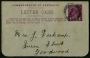 Australia: Postal Stationery - Letter Cards:1914-18 (BW:LC18/111) 1d KGV Sideface Design P12&frac12; Die 1 in bright violet on Grey Surfaced Card with Off-White/Cream Interior, "River Derwent, Tasmania (view at Montrose)" illustration, minor aging, postally used - 2
