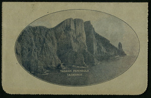 Australia: Postal Stationery - Letter Cards:1914-18 (BW:LC18/130) 1d KGV Sideface Design P12½ Die 1 in deep grey-blue on Grey Surfaced Card with Off-White Cream Interior, "Tasman Peninsula, Tasmania" illustration, some light aging, used in 1924 from Terowie to Goodwood, uprated with ½d orange, Cat $60.