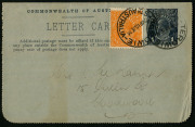 Australia: Postal Stationery - Letter Cards:1914-18 (BW:LC18/130) 1d KGV Sideface Design P12&frac12; Die 1 in deep grey-blue on Grey Surfaced Card with Off-White Cream Interior, "Tasman Peninsula, Tasmania" illustration, some light aging, used in 1924 from Terow - 2