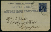Australia: Postal Stationery - Letter Cards:1914-18 (BW:LC18/129A) 1d KGV Sideface Design P12&frac12; Die 1 in deep blue on Grey Surfaced Card with Off-White/Cream Interior, "Sydney Heads/NSW (with sky)" illustration, printed notice inside for Paul & Gray (hard - 2