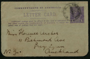 Australia: Postal Stationery - Letter Cards:1914-18 (BW:LC18/116A) 1d KGV Sideface Design P12½ Die 1 in red-violet on Grey Surfaced Card with Off-White/Cream Interior, "Rundle St. Adelaide (with sky)" illustration, 1917 (Apr.27) use from Argalong (NSW) t - 2