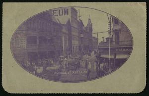 Australia: Postal Stationery - Letter Cards:1914-18 (BW:LC18/116A) 1d KGV Sideface Design P12½ Die 1 in red-violet on Grey Surfaced Card with Off-White/Cream Interior, "Rundle St. Adelaide (with sky)" illustration, 1917 (Apr.27) use from Argalong (NSW) to Grey Lynn, New Zealand, Cat $60.