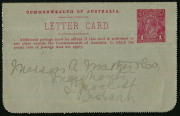 Australia: Postal Stationery - Letter Cards:1914-18 (BW:LC18/130) 1d KGV Sideface Design P12&frac12; Die 1 in carmine on Grey Surfaced Card with Off-White/Cream Interior, "Tasman Peninsula, Tasmania" illustration, horizontal fold on address half, message within, - 2