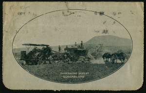 Australia: Postal Stationery - Letter Cards:1914-18 (BW:LC18/131) 1d KGV Sideface Design P12½ Die 1 in grey-black on Grey Surfaced Card with Off-White/Cream Interior, "Threshing Wheat, Queensland" illustration, minor blemishes, 1916 postal use from Melbourne to Birmingham, England, redirected to Weston-Super-Mare, Cat $60.