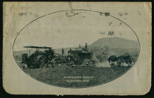 Australia: Postal Stationery - Letter Cards:1914-18 (BW:LC18/131) 1d KGV Sideface Design P12½ Die 1 in grey-black on Grey Surfaced Card with Off-White/Cream Interior, "Threshing Wheat, Queensland" illustration, minor blemishes, 1916 postal use from Melbou
