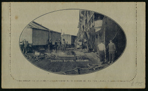 Australia: Postal Stationery - Letter Cards:1914-18 (BW:LC18/123) 1d KGV Sideface Design P12½ Die 1 in purple-black on Grey Surfaced Card with Off-White/Cream Interior, "Shipping Butter, Brisbane" illustration, stuck-down & somewhat aged, unused, Cat $175.