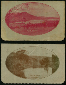 Australia: Postal Stationery - Letter Cards:1914-18 (BW:LC18/111) 1d KGV Sideface Design P12½ Die 1 in carmine or in brown on Grey Surfaced Card with Off-White/Cream Interior, "River Derwent, Tasmania" (view at Montrose) illustrations, small faults, both postally used, Cat $120 (2).