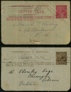 Australia: Postal Stationery - Letter Cards:1914-18 (BW:LC18/111) 1d KGV Sideface Design P12&frac12; Die 1 in carmine or in brown on Grey Surfaced Card with Off-White/Cream Interior, "River Derwent, Tasmania" (view at Montrose) illustrations, small faults, both - 2