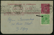 Australia: Postal Stationery - Letter Cards:1914-18 (BW:LC18/89) 1d KGV Sideface Design P12&frac12; Die 1 in carmine on Grey Surfaced Card with Off-White/Cream Interior, "Narracoorte Caves, Sth Australia" illustration, 1919 Melbourne local usage, uprated with KG - 2