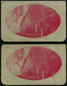 Australia: Postal Stationery - Letter Cards:1914-18 (BW:LC18/89) 1d KGV Sideface Design P12½ Die 1 in carmine on Grey Surfaced Card with Off-White/Cream Interior, "Narracoorte Caves, Sth Australia" illustration, two examples, both postally used, one with small faults, Cat $150. (2)