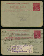 Australia: Postal Stationery - Letter Cards:1914-18 (BW:LC18/89) 1d KGV Sideface Design P12&frac12; Die 1 in carmine on Grey Surfaced Card with Off-White/Cream Interior, "Narracoorte Caves, Sth Australia" illustration, two examples, both postally used, one with - 2