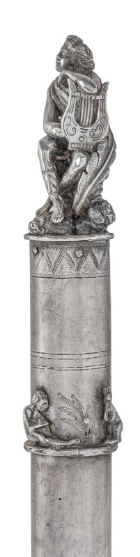 HOGARTH (attributed) Australian sterling silver musical baton engraved "Sydney Volunteers Military Band, 1866", beautifully adorned with Aboriginal figure, kangaroo, emu and seated harp player, no marks visible, ​46cm high