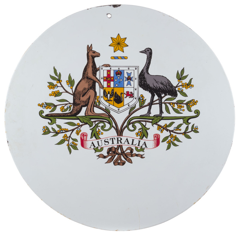 Australian coat of arms enamel tin sign, early to mid 20th century, ​46cm diameter