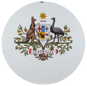 Australian coat of arms enamel tin sign, early to mid 20th century, 46cm diameter