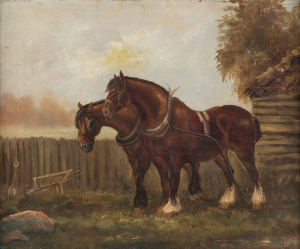 HAROLD SEPTIMUS POWER (attributed), clydesdales, oil on canvas, later inscription verso "H.S. Power, Early Work", ​30.5 x 36cm