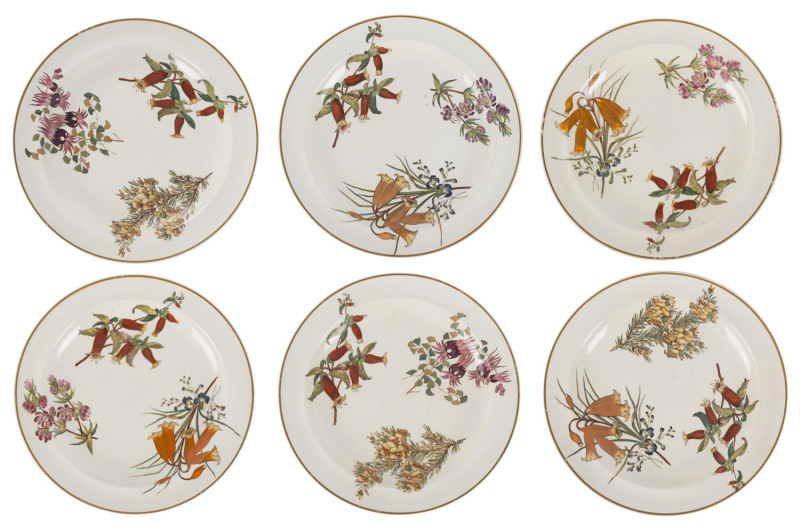 WEDGWOOD "Australian Flora" rare set of 6 porcelain dinner plates, circa 1880, stamped "Wedgwood, Australian Flora", 24.5cm diameter