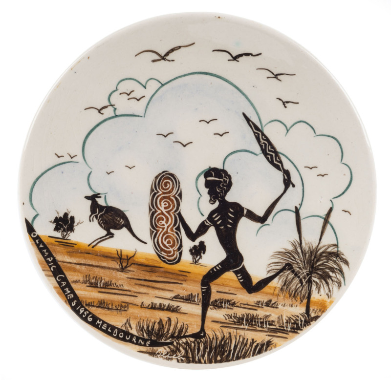 GUY BOYD pottery plaque with Aboriginal hunting scene, incised "Guy Boyd", 15cm diameter