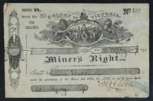 MINER'S RIGHT, Colony Of Victoria, 5 shilling issued to a female SUSAN OVERTOWN in 1897, (rare), 14 x 21cm