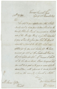 AUTOGRAPHED LETTER FROM THOMAS MITCHELL, NEW SOUTH WALES SURVEYOR GENERAL, DECEMBER 1849 A letter signed by "T.L. Mitchell" headed Surveyor General's Office, Sydney 8th December, 1849 addressed to Mr James Upton, Windsor. The rare letter concerns a request by Upton to lease four "sections of land in the County of Hunter...on the north side of the Bulga Road...", however, Mitchell points out that according to his records, Upton had already leased the land "at the Macdonald River".