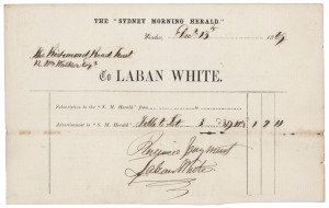 [The SYDNEY MORNING HERALD and LABAN WHITE] A collection of fourteen different receipts, issued and signed by Laban White [1794 - 1873] on behalf of the Sydney Morning Herald or John Fairfax. The period involved in these transactions, when White was an ag