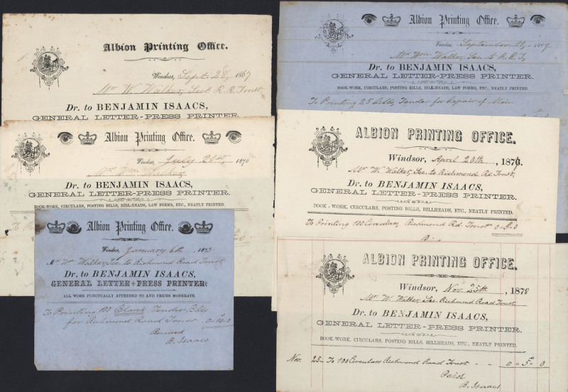 [BENJAMIN ISAACS, PRINTER, PUBLISHER & JOURNALIST 1796 - 1881] 1867 - 1878 group of six different printed receipts signed by Isaacs on behalf of his Albion Printing Office at Windsor where, for a time, he had published "The Windsor Advocate". The receipt