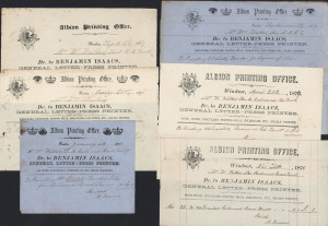 [BENJAMIN ISAACS, PRINTER, PUBLISHER & JOURNALIST 1796 - 1881] 1867 - 1878 group of six different printed receipts signed by Isaacs on behalf of his Albion Printing Office at Windsor where, for a time, he had published "The Windsor Advocate". The receipt