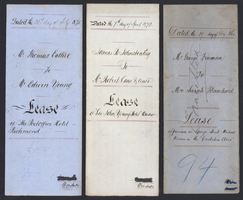 [HISTORIC HOTELS IN THE HAWKSBURY RIVER REGION] February 1861 lease for the "Cricketers Arms Hotel" (cnr of George & New Streets, Windsor) between George Freeman [Green Hills, 1806 - Windsor, 1867] and Sarah Blanchard [1826 - 1905]