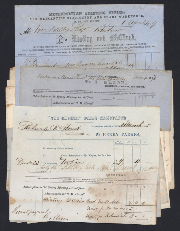 [EARLY N.S.W. NEWSPAPERS & PRINTERS] ​1855 - 1903 printed receipts issued by "The Empire" Daily Newspaper (to Henry Parkes); E. Mason, Stationer's Hall, Parramatta; Metropolitan Printing Office, Bridge St.; Sydney Morning Herald; Australian Newspaper Offi