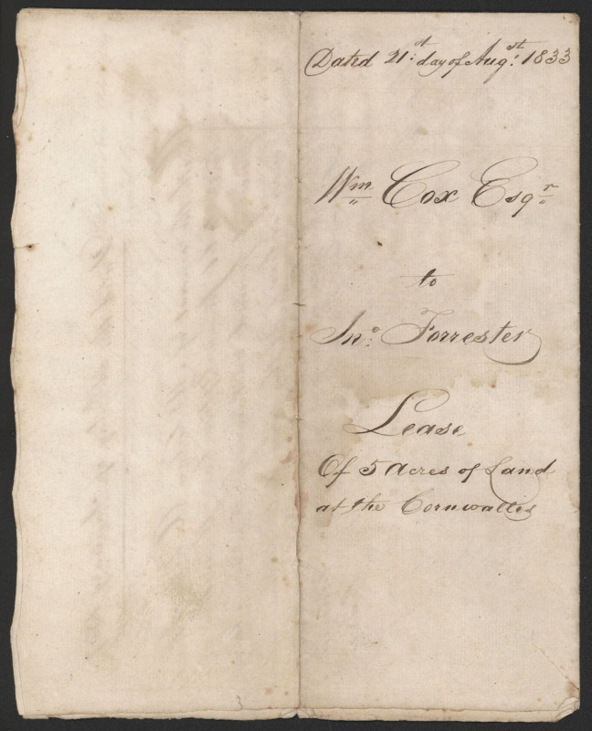 [WILLIAM COX, 1764 (Dorset) - 1837 (Windsor, NSW): Explorer, roadmaker, builder & grazier] A lease dated August 1833 between "William Cox of Clarendon" and John Forrester for "Five acres of Land at the Cornwallis" which was in the District of Windsor, bou