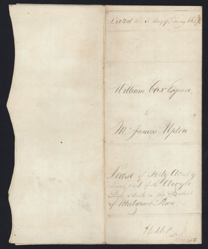 [WILLIAM COX, 1764 (Dorset) - 1837 (Windsor, NSW): Explorer, roadmaker, builder & grazier] A lease dated February 1837 between "William Cox of Fairfield Windsor" and James Upton "of Cornwallis Windsor" for "Forty Acres...lately in the occupation of John F