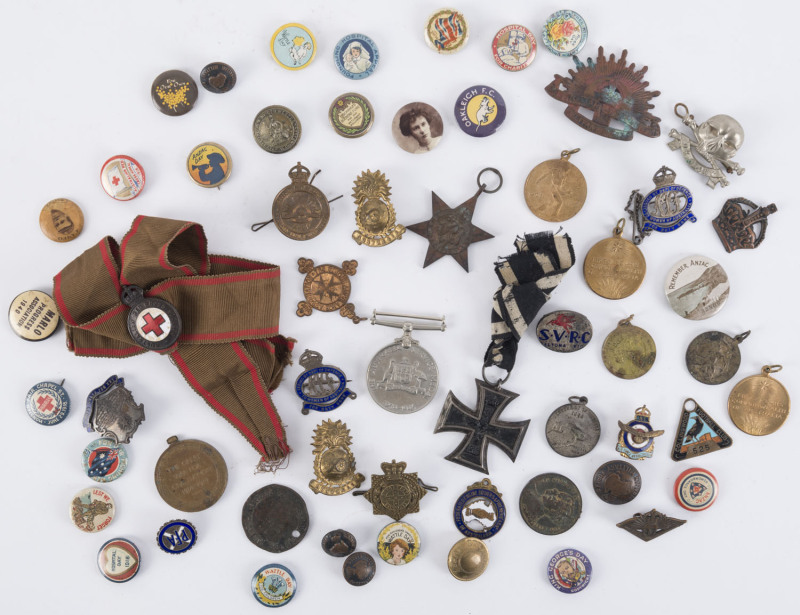 German WW1 Iron Cross, three Australian service medals (not named), assorted badges, buttons and medals, 19th and 20th century. ​(57 items)