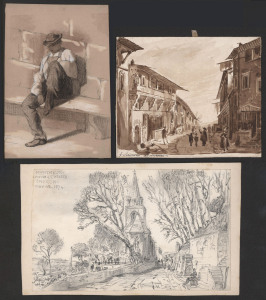 Frank Lewis EMANUEL [1865-1948] & others A leather-bound sketchbook with a number of pencil sketches and watercolours loosely inserted; four are signed "F.L.Emanuel" or "F.L."; the others are unsigned and appear to be the work of at least two other artist