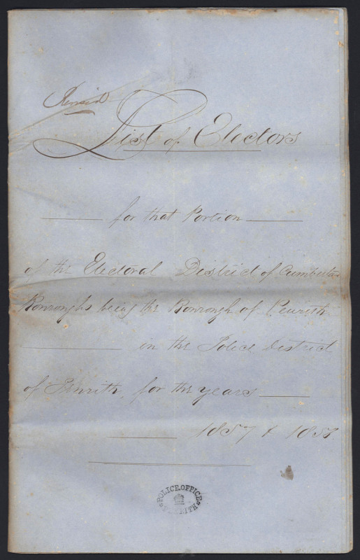 [NEW SOUTH WALES - ELECTORAL HISTORY] "Lists of Electors for that Portion of the Electoral District of the CUMBERLAND BOROUGHS being the Borough of PENRITH in the Police District of Penrith for the years 1857 & 1858" each page bearing a hand-stamped oval