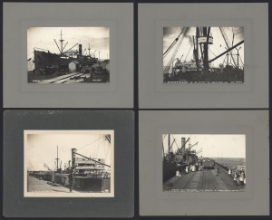 TOYE BROTHERS, PORTLAND, VIC. A group of four shipping scene images, each approx. 11 x 16cm and all depicting scenes on the wharves at Portland in Western Australia, circa 1921. The first is titled in the negative: "Shipping Wheat, deep water pier Portlan