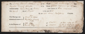 A CONVICT MARRIAGE AT WINDSOR, AUGUST 1835. A certificate recording the marriage of Edward Mitchell (aged 35?) to Elizabeth Coverly (aged 20) at the Presbyterian Church at Portland Head in New South Wales. The document has been completed by the the chapla